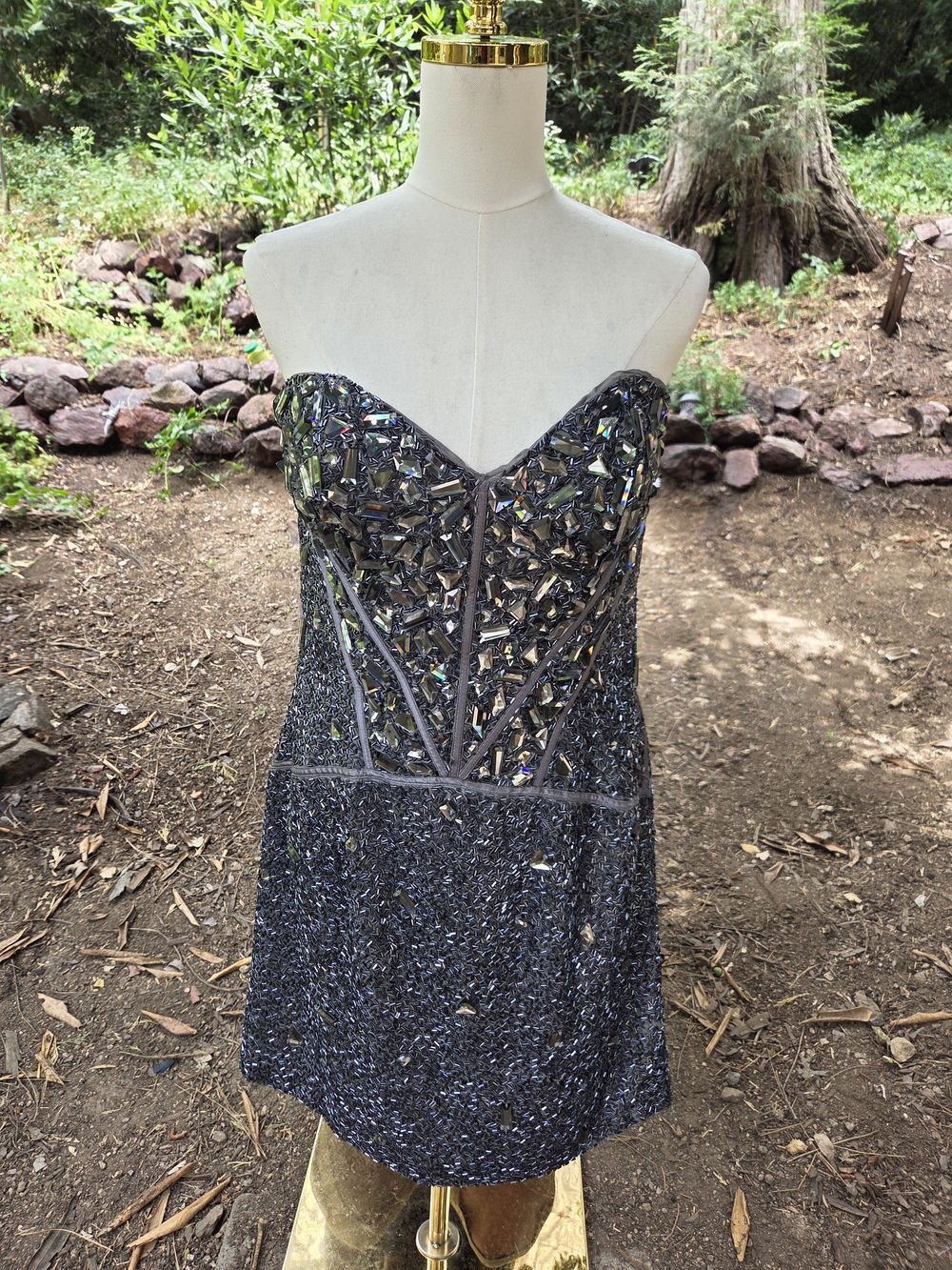 Sherri Hill Charcoal Grey Embellished Strapless Mini Dress Size 14